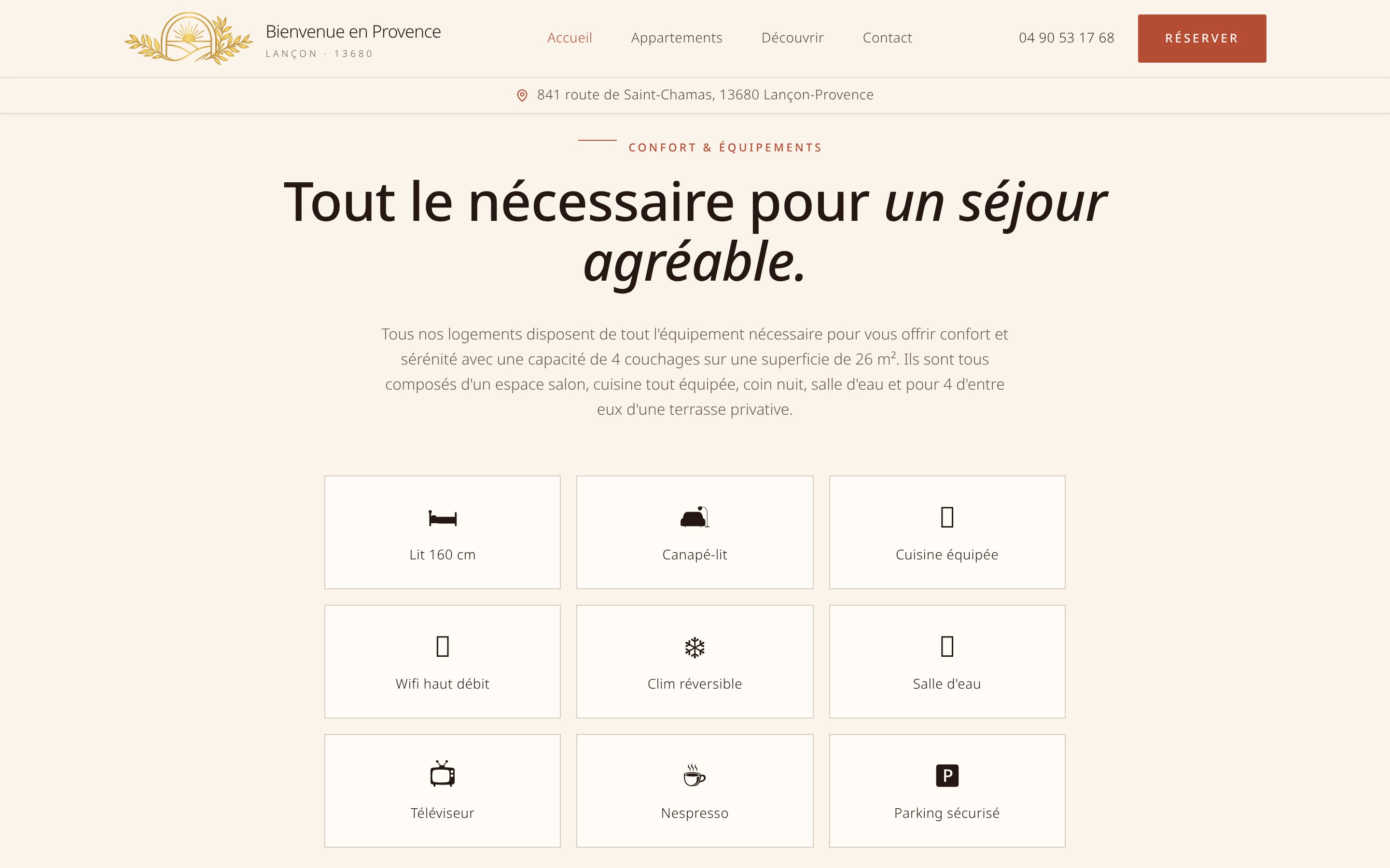 Section équipements et confort des appartements